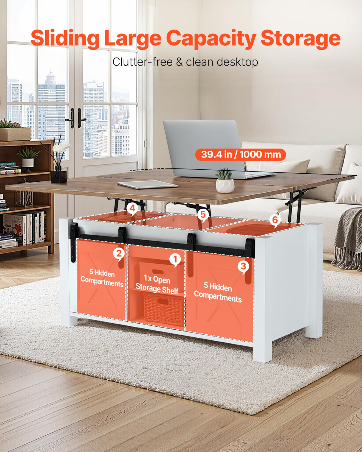 VEVOR 39.4 in Farmhouse Lift Top Coffee Table, Rustic Center Table with Barn Door and Hidden Storage Compartment, Modern Rectangle Lifting Tabletop for Living Room, Office, Home, Easy Assembly, Brown VEVOR