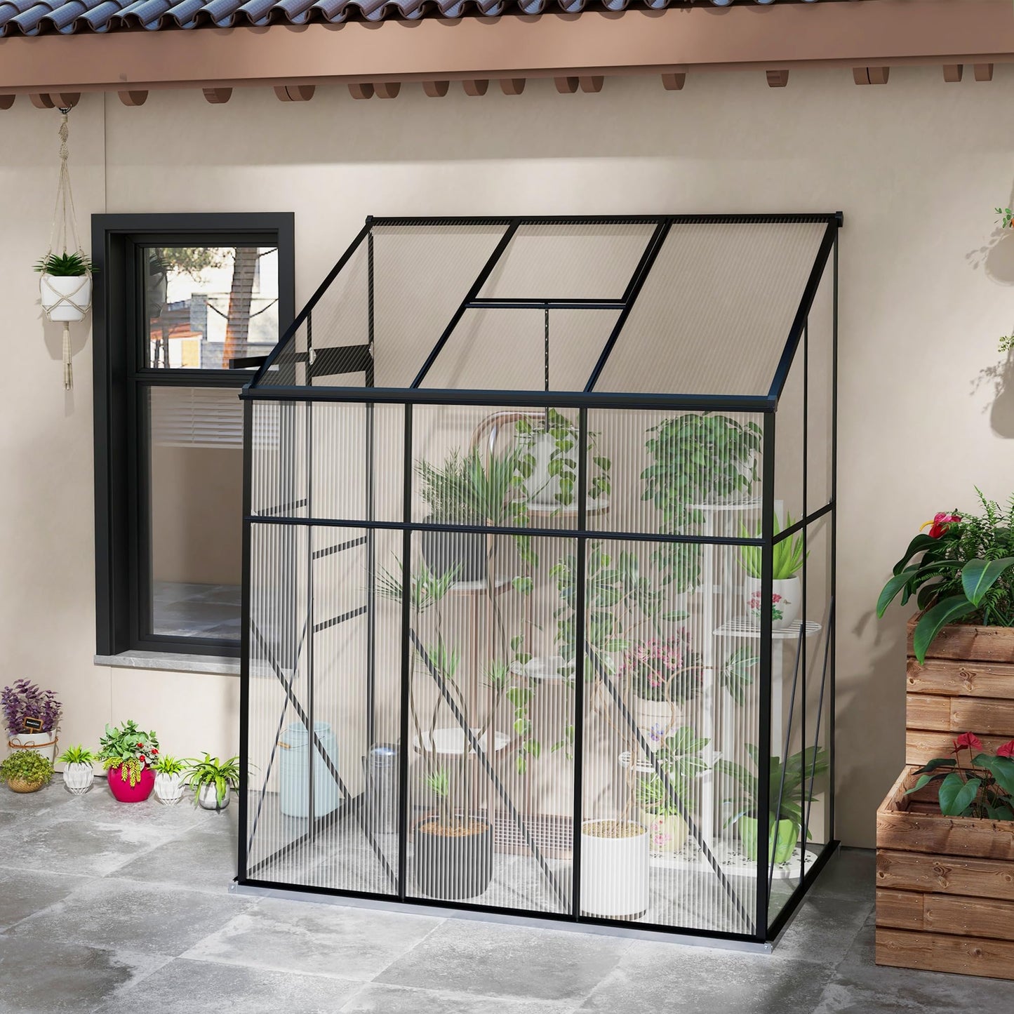 Outsunny 6' x 4' Lean-to Polycarbonate Greenhouse, Walk-in Hobby Green House with Sliding Door, 5-Level Roof Vent, Rain Gutter, Garden Plant Hot House with Aluminum Frame and Foundation, Blac - WoodArtSupply