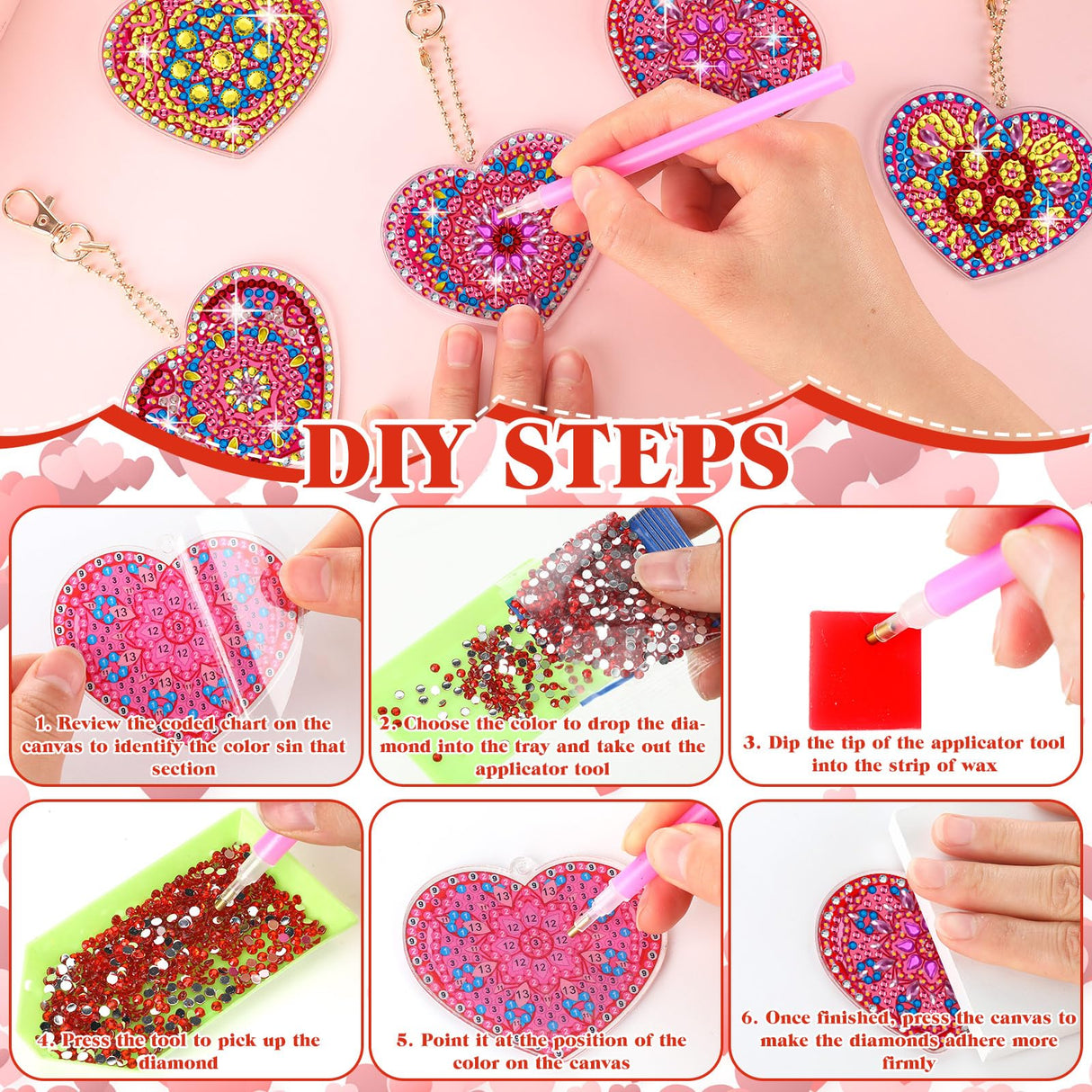 Ferreve 28 Pcs Heart Diamond Painting Keychain Kits Double Sided DIY Heart Diamond Art Keychain Ornaments for Adults Gem Key Ring Art Pendant Decor Crafts Accessories Gifts Ferreve
