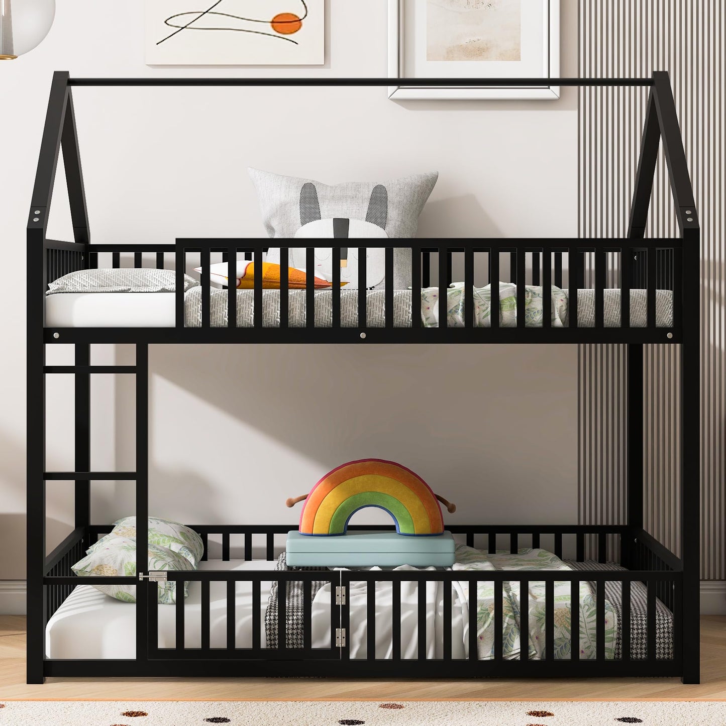 RuiSiSi Twin Over Twin Metal Bunk Bed, House Bunk Bed with Safety Guardrails and Roof Design for Kids, Twin Floor Bunk Beds for Bedroom, Space Saving, No Box Spring Needed, Black