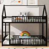 Bellemave Metal Bunk beds Twin Over Twin Size, Twin bunk beds with guardrail and Door for Kids, Floor bunk Bed, House bunk Bed for Kids，Black Bellemave