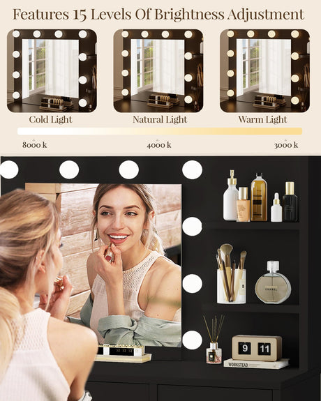 LIVELYGLOW Vanity with Lights, Makeup Vanity with Mirror, 3 Lighting Modes, for Bedroom, Black LIVELYGLOW