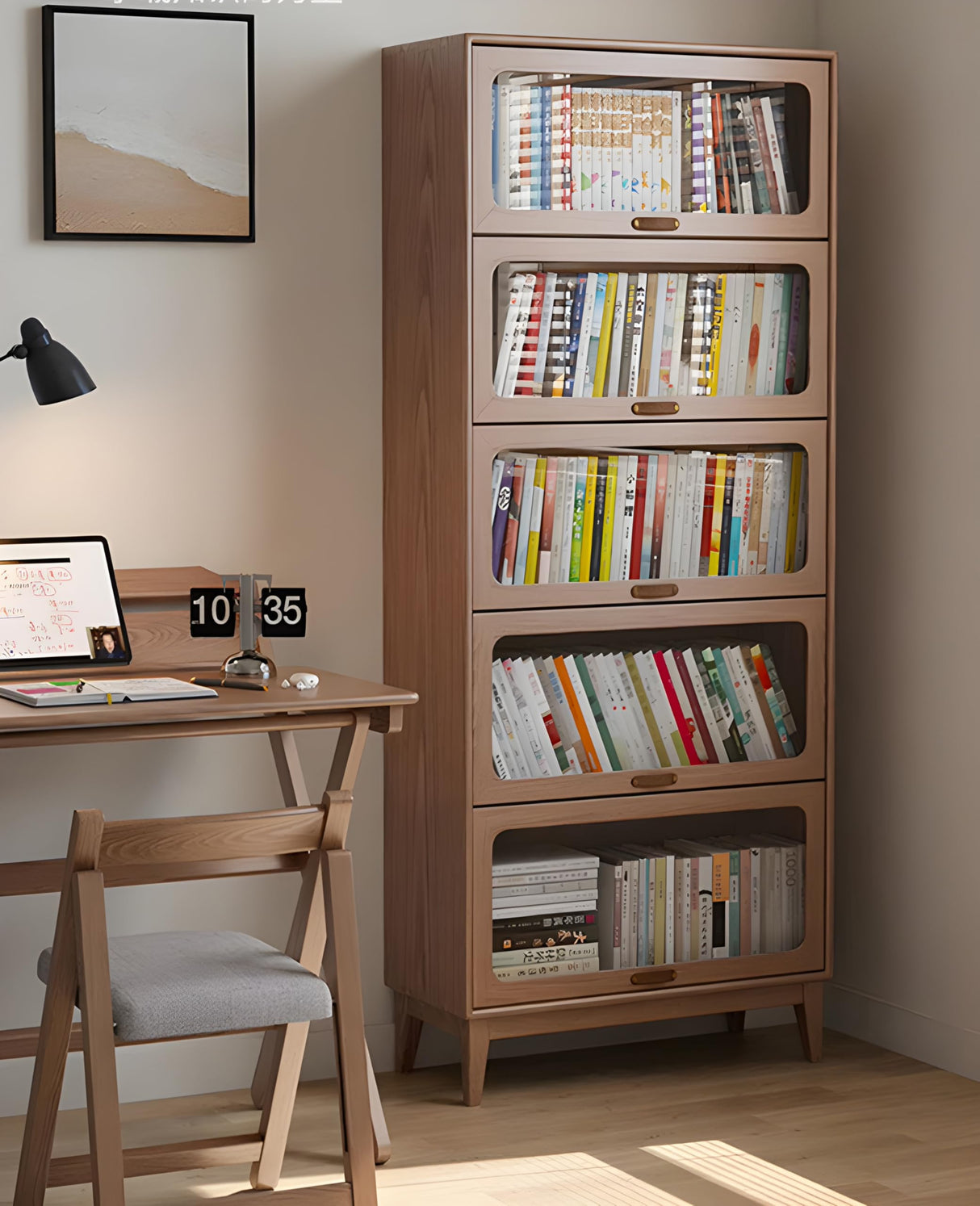 KungFuWood Wooden Bookcase with Tempered Glass Doors, Large Solid Wood Bookshelf Glass Front Bookshelves flip top Display Cabinet case Hidden Doors for Apartments, Home Offices 5 tire 72" KungFuWood
