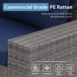 JOIVI 7 Pieces Outdoor Patio Furniture Set with 45” 50000BTU Fire Pit Table, Rattan Patio Conversation Set with Coffee Table, L-Shaped Sectional Sofa and Propane Fire Pit Set, Navy Blue JOIVI