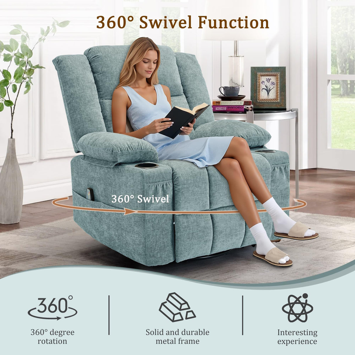 Korser Adult 360° Swivel Rocking Recliner, Baby Room Glider Recliner with Massage and Heating, Rocking Chair with Cup Holder, Living Room and Bedroom Manual Chair (Fabric, Lake Blue) Korser