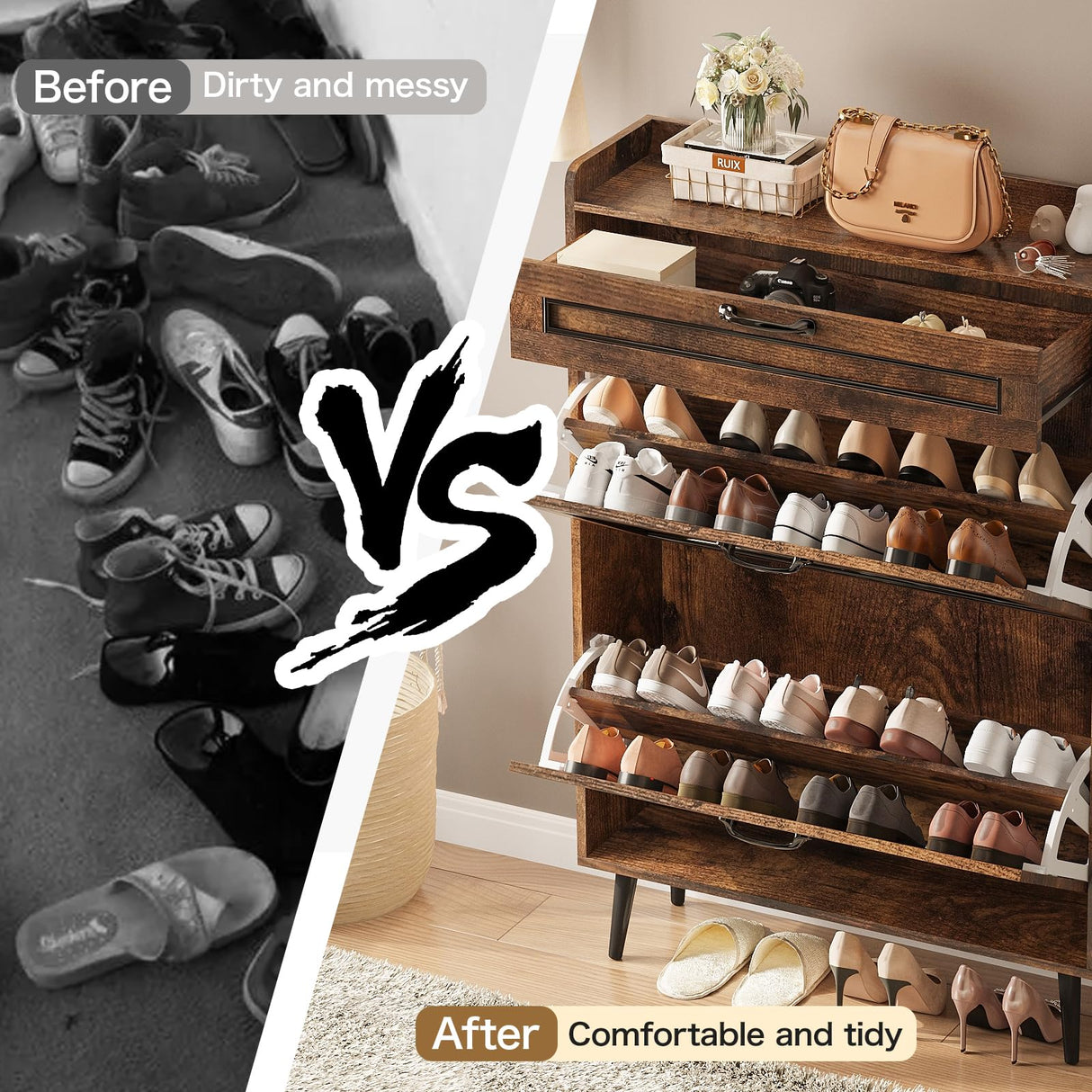 Maupvit Shoe Cabinet with 2 Flip Drawers,Hidden Shoe Storage Cabinet with 1 Pull Drawer for Entryway,Narrow Shoe Rack,Freestanding Slim Shoe Organizer Cabinet for Hallway,Brown Maupvit