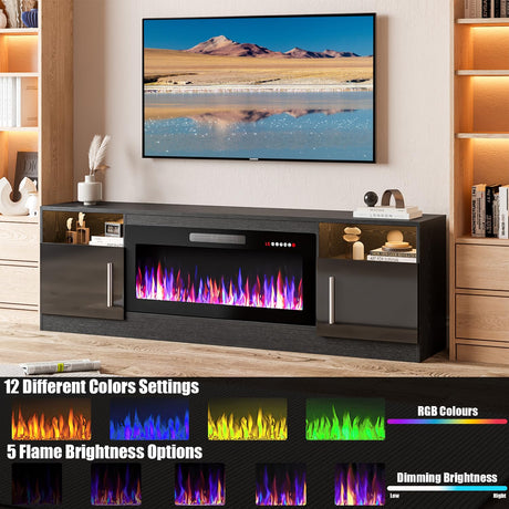 VITESSE Fireplace with TV Stand 36" inch Electric Fireplace Up to 80" TVs, LED Light Entertainment Center, 70" Modern Wood High Gloss with Highlight Storage Cabinet for Living Room (Black) VITESSE