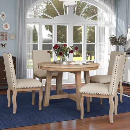 Harper & Bright Designs 5-Piece Farmhouse Dining Table Set Wood Round Extendable Dining Table and 4 Upholstered Dining Chairs (Natural Wood Wash)