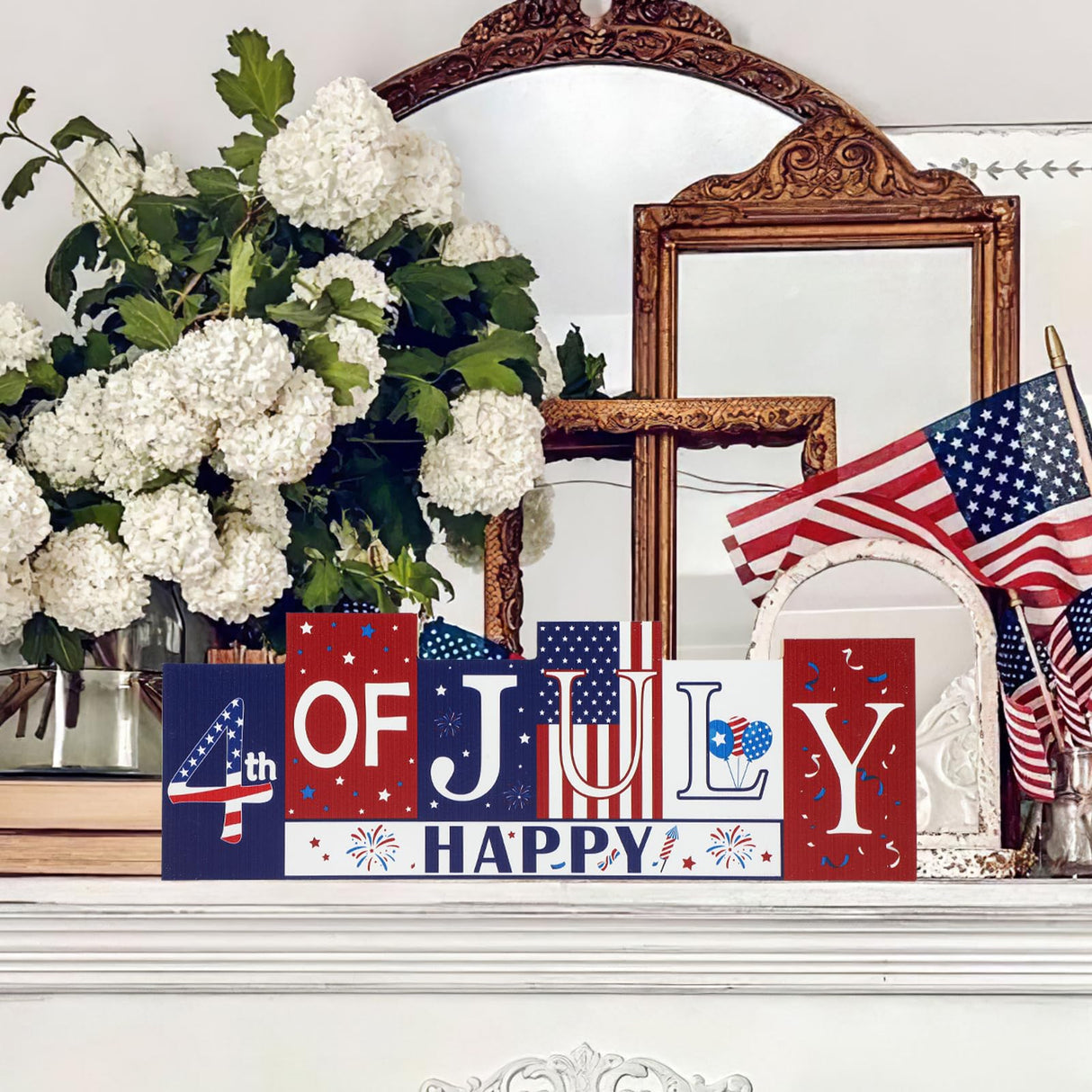 4th of July Decorations Wooden Table Sign Summer Decorations, Patriotic Independence Day Memorial Day Decorations Reversible Double-sided Different Theme Farmhouse Tabletop Centerpiece Decor Sophena