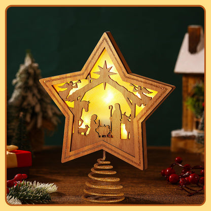 Craftsatin 9.2 x 7.8 Inch Brown Wood Christmas Tree Topper Golden Star Nativity Tree Topper Star of Bethlehem with LED Light for Christmas Party Decoration Tabletop Display Housewarming Birthday Gift