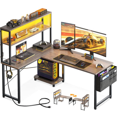 AODK L Shaped Desk Gaming Desk with LED Light & Power Outlet, 53 Inch Reversible L Shaped Computer Desk with Shelf, Corner Desk with Storage Bag&Hook for Home Office Desk, Grey Oak