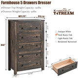 T4TREAM Farmhouse 5 Drawers Dresser Chests for Bedroom, Wood Rustic Tall Chest of Drawers, Dressers Organizer for Bedroom, Living Room, Hallway, Dark Rustic Oak T4TREAM