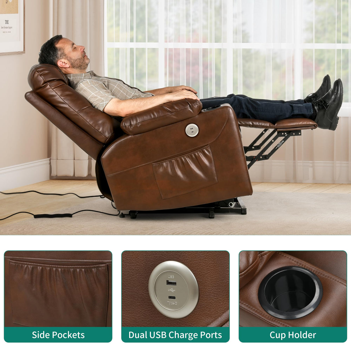YITAHOME Electric Power Lift Recliner Chair for Elderly, Faux Leather Recliner Chair with Massage and Heat, Spacious Seat, USB Ports, Cup Holders, Side Pockets, Remote Control (Dark Brown) YITAHOME
