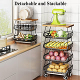 Fruit Basket Kitchen Pantry Organizers and Storage - Wooden Top Table, Stackable Metal Wire Basket Stand Cart for Fruit Vegetable Snacks Jars Bins Containers Organization, Black SAYZH