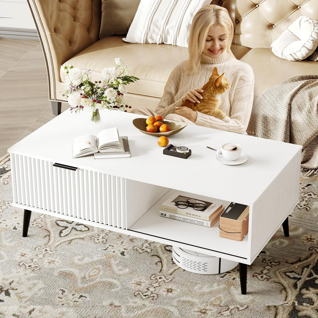 41.34''D Coffee Table, 2-Tiers Farmhouse Coffee Tables With Storage and Sliding Wave Pattern Door, Modren Tea Table, Wooden Dining Center Tables for Living Room, Office, Bedroom, Outdoors, White IDEALHOUSE