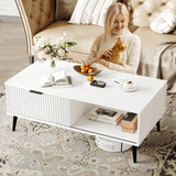 41.34''D Coffee Table, 2-Tiers Farmhouse Coffee Tables With Storage and Sliding Wave Pattern Door, Modren Tea Table, Wooden Dining Center Tables for Living Room, Office, Bedroom, Outdoors, White IDEALHOUSE