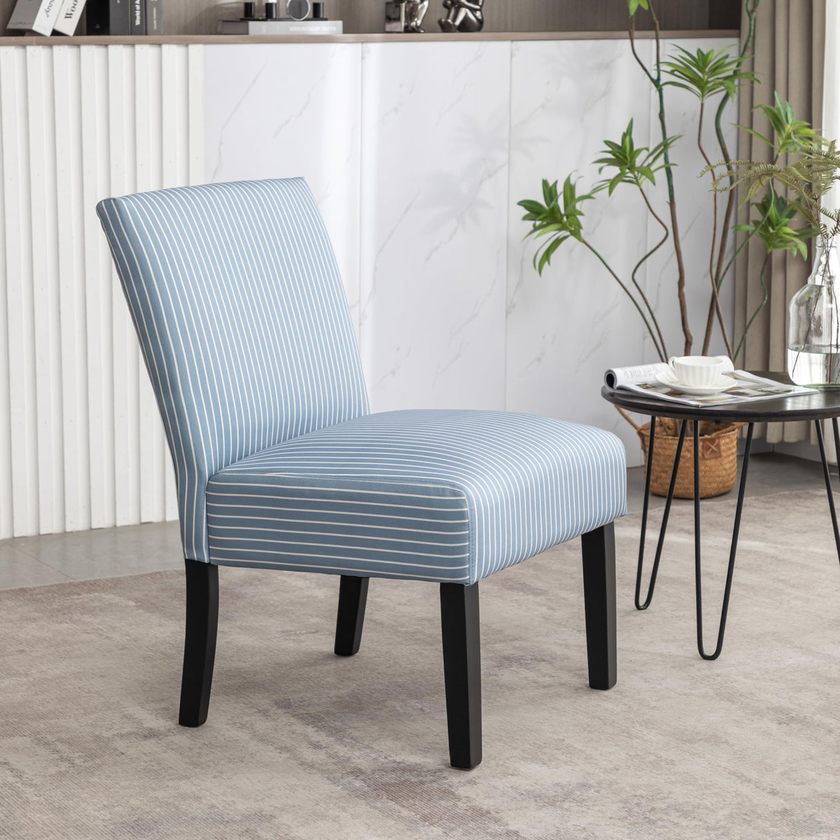 Roundhill Furniture Botticelli Blue Stripe Upholstered Slipper Accent Chair Roundhill Furniture