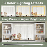 Merax Vanity Desk with Mirror, LED Lights and Power Outlet, Large Glass Top Makeup Vanity Table with 5 Drawers & 4 Cabinets, Farmhouse Dressing Table and Cushioned Storage Stool, for Bedroom, White Merax