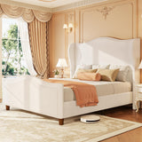koorlian Queen Bed Frame Chenille Upholstered Platform Bed with Headboard and Footboard, 51" High Deep Tufted Wingback Sleigh Upholstered Bed, Modern Retro Minimalist Style, Easy Assembly, Cream koorlian