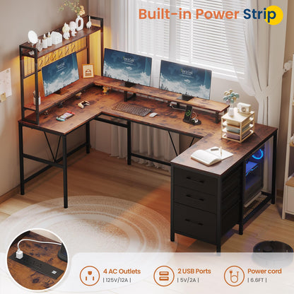 VIGKOOK U Shaped Gaming Desk with Hutch, 98.4in Reversible L Shaped Computer Desk with Power Outlets, Home Office Desk LED Light, Monitor Stand 3 Drawers Shelves Pegboard 6 Hooks (Rustic Brow - WoodArtSupply