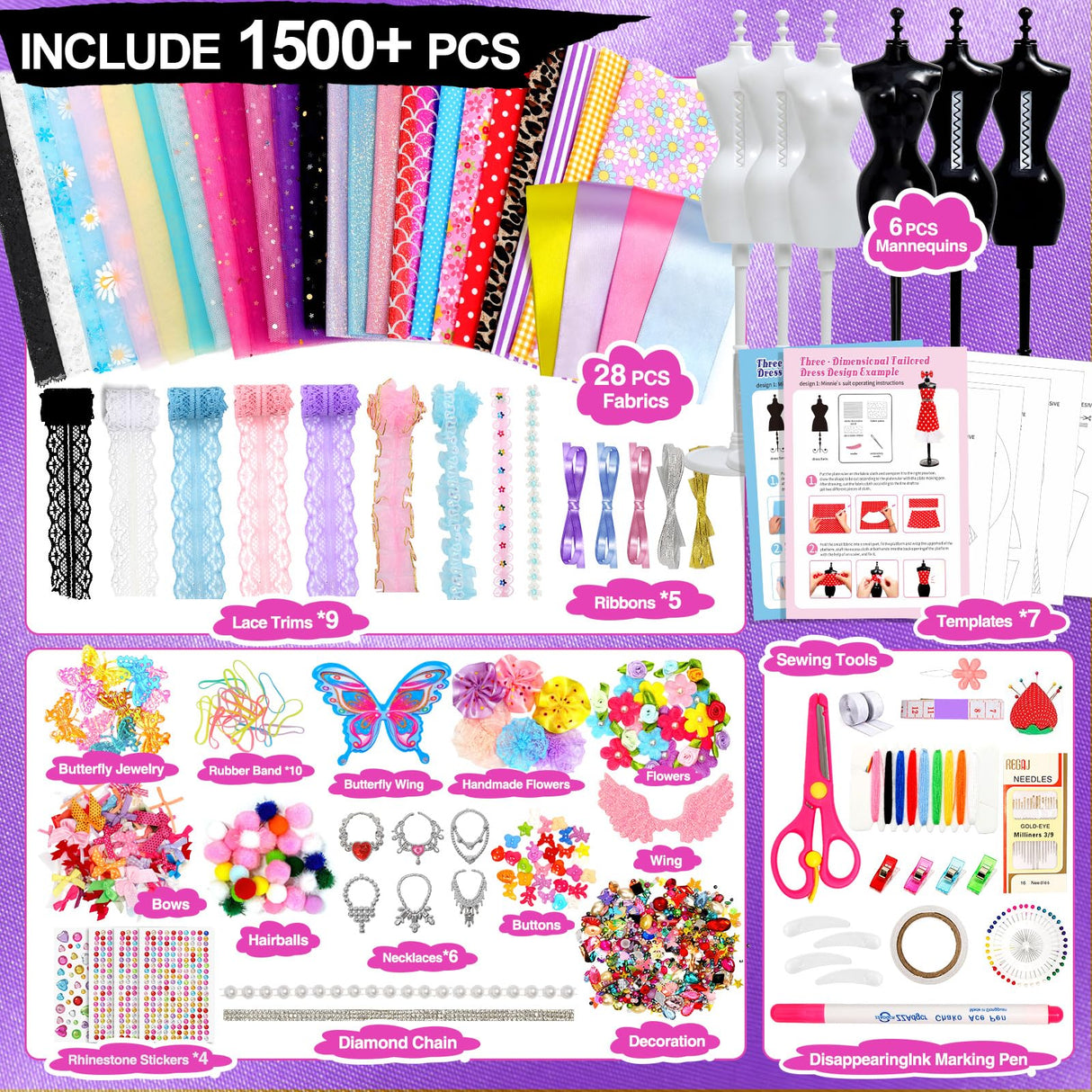 Sunrad 1500+ PCS Fashion Designer Kits for Girls with 6 Mannequins, DIY Arts & Crafts Sewing Kit for Kids Doll Clothes Making Toys, Birthday Gifts for Girls Age 6 7 8 9 10 11 12+ Sunrad
