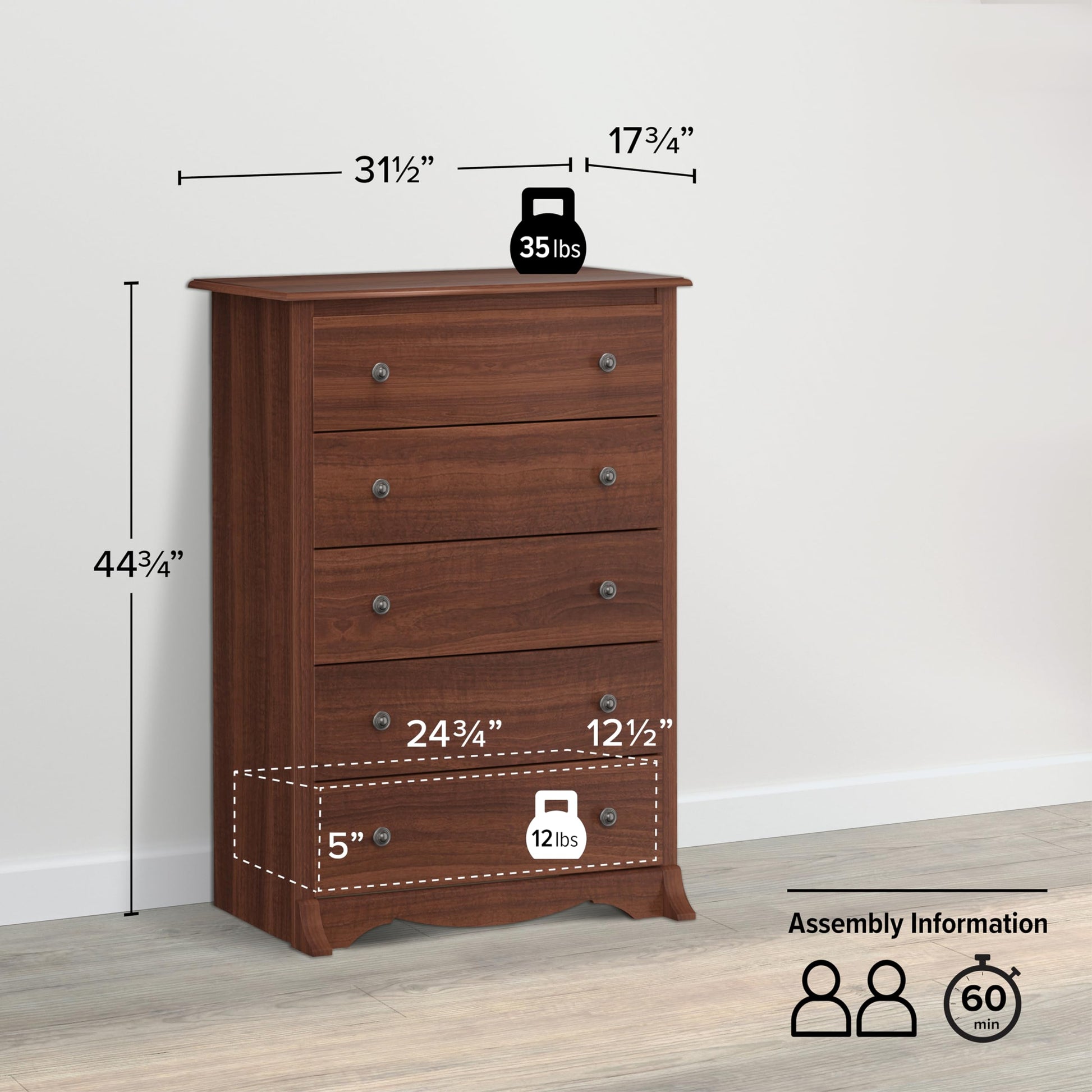 Prepac Sonoma Traditional 5-Drawer Tall Dresser for Bedroom, Functional Bedroom Dresser Chest of Drawers 16" D x 31.5" W x 45.12" H, Cherry, CDC-3345 - WoodArtSupply