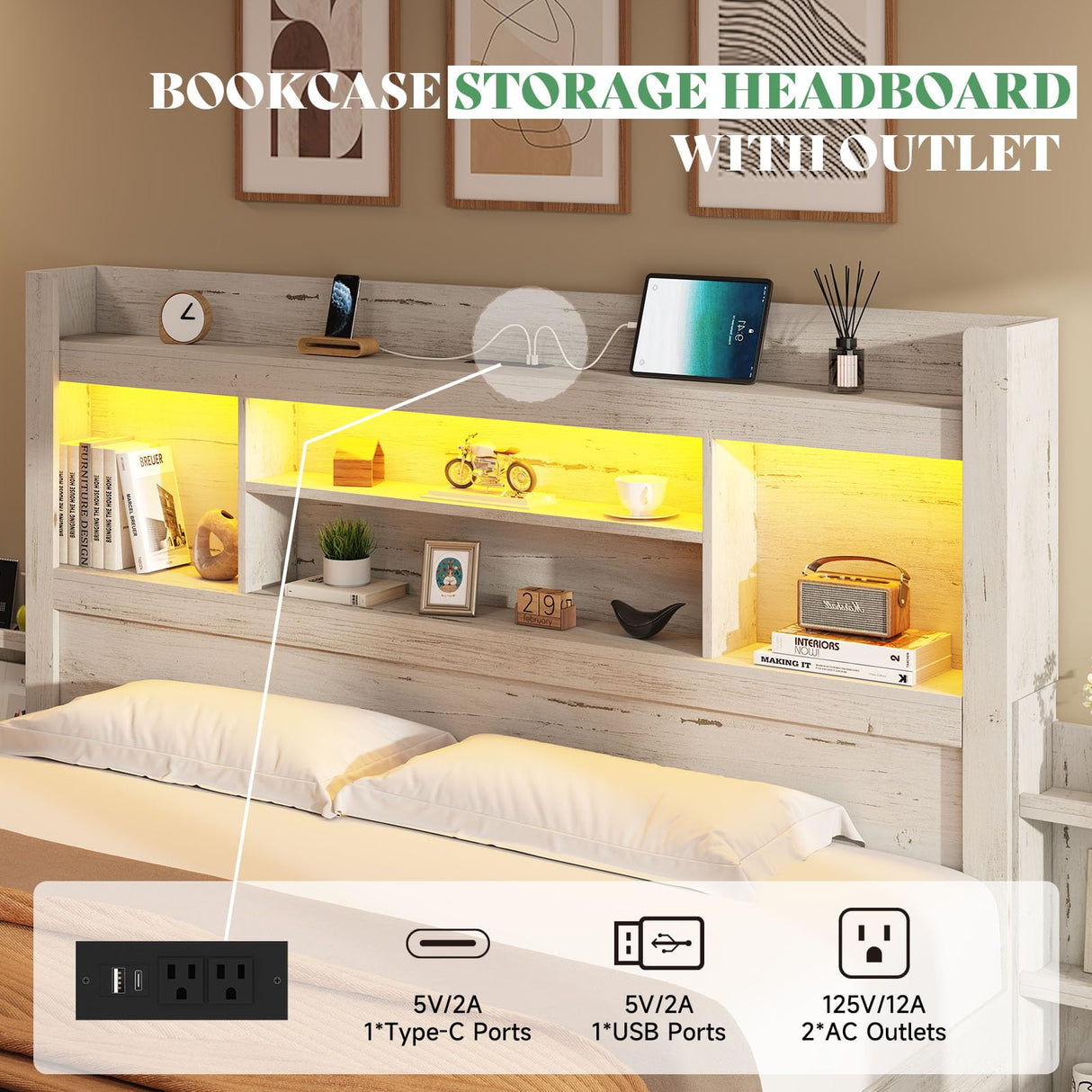 AMERLIFE King Bed Frame with 4 Storage Drawers, LED Bed Frame with 49.6" Tall Bookcase Headboard, Wood Platform Bed with 2 Slide Bedside Shelf & Charging Station, No Box Spring Needed/Distressed White AMERLIFE