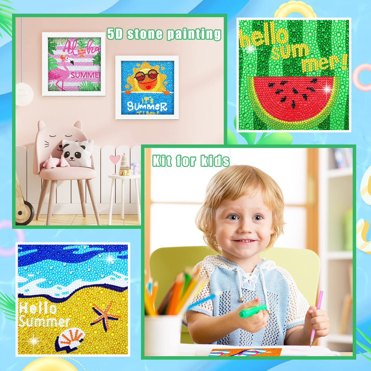 Charniol 9 Pcs Summer Diamond Painting Kits Flamingo Pineapple Watermelon Full Round Drill Diamond Craft Handmade Square Drill Diamond Painting Art Diamond for Aloha Party Tropical Decoration Charniol
