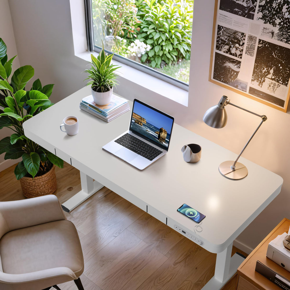 Furmax Electric Standing Desk with Drawer 55 x 24 Inch Adjustable Height Stand up Desk Home Office Computer Desk with USB Ports, White Furmax