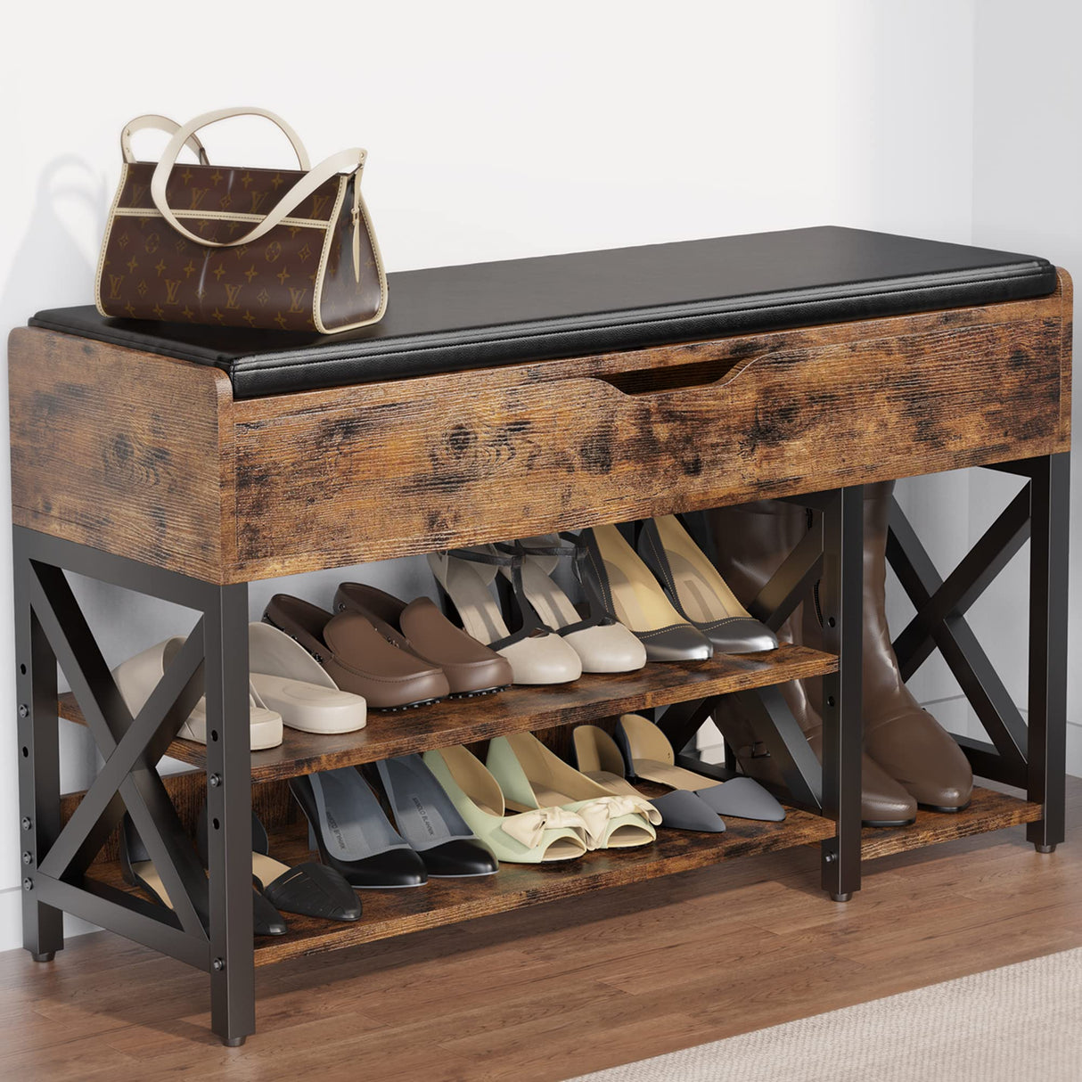 astimey Shoe Bench, Lift Top Shoe Storage Bench, Adjustable Shelf Entryway Bench, Metal and Wood Shoe Rack Organizer with Cushion for Entry, Bedroom, Closet, Living Room, Hallway (Brown, 35.5“W) astimey