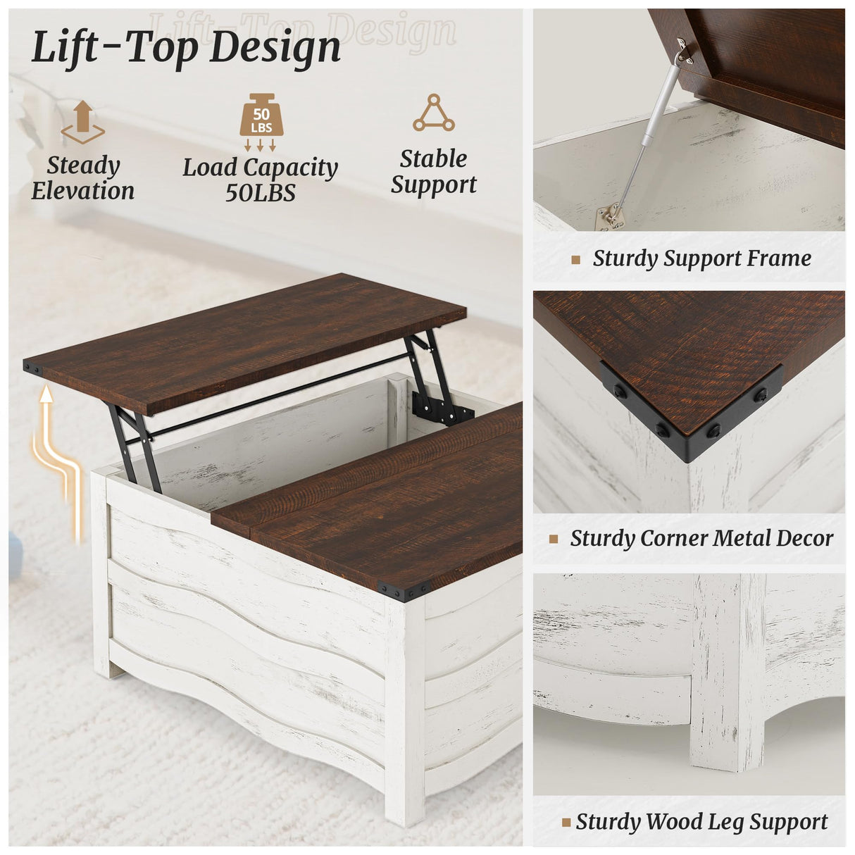Cozyman 35.6" Lift Top Coffee Table with Storage, Farmhouse Coffee Table for Living Room with Large Hidden Storage Compartment, Wood Square Center Coffee Tables with Flexible Hinged Lift Top, White Cozyman