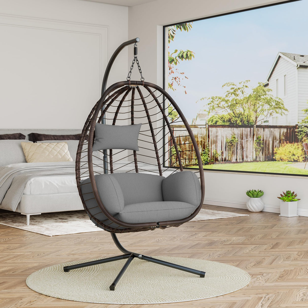 Kullavik Outdoor Hanging Egg Chair with Stand,Indoor Swinging Chair Patio Wicker Hammock Egg Chair with Thicken Padded Cushions,Indoor 350lbs Capacity forBalcony Living Room Bedroom(Grey) Kullavik