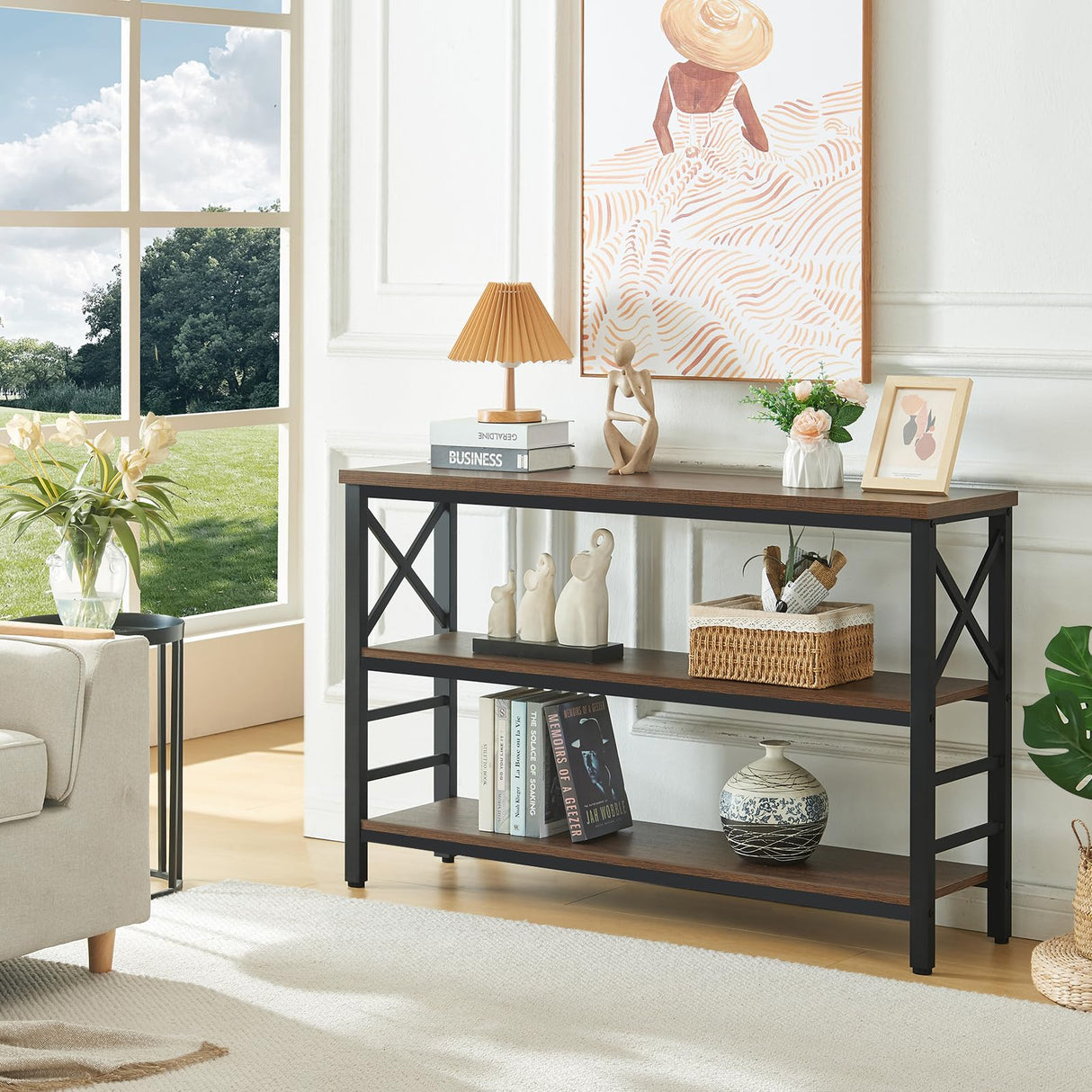 HOMBAZAAR Entryway Console Table,Industrial Console Table with Storage for Entryway,Rustic Sofa Table with 3 Tier Wide Shelf and Metal Frame, Hallway Table for Entryway,Living Room,Brown,47'' HOMBAZAAR