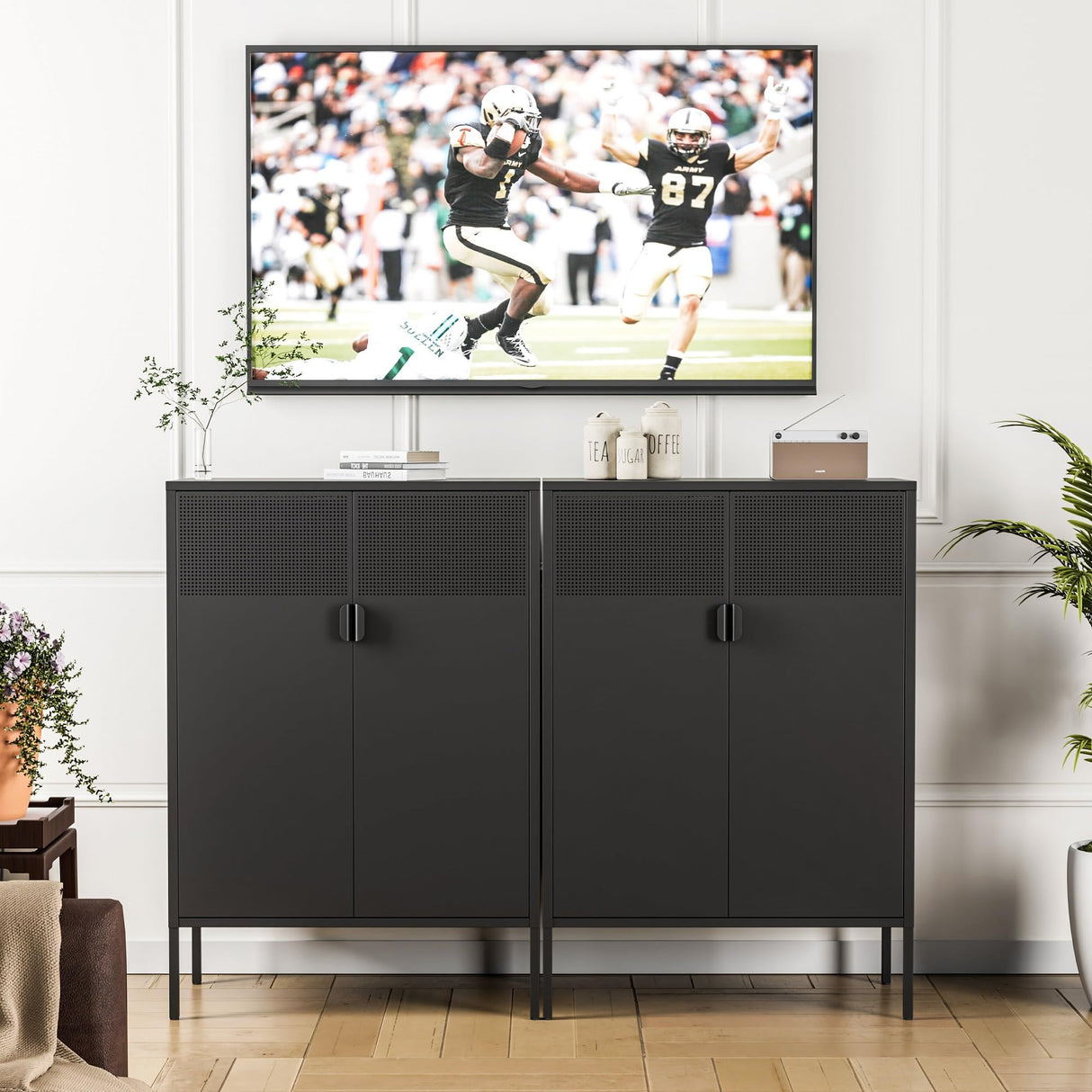 Ustamio Black Metal Storage Cabinet, Metal Locker Storage Cabinet with Doors and Shelves, 3 Tier Steel Office Storage Cabinet, Metal Sideboard for Home, Office, Kitchen and Coffee Bar Ustamio