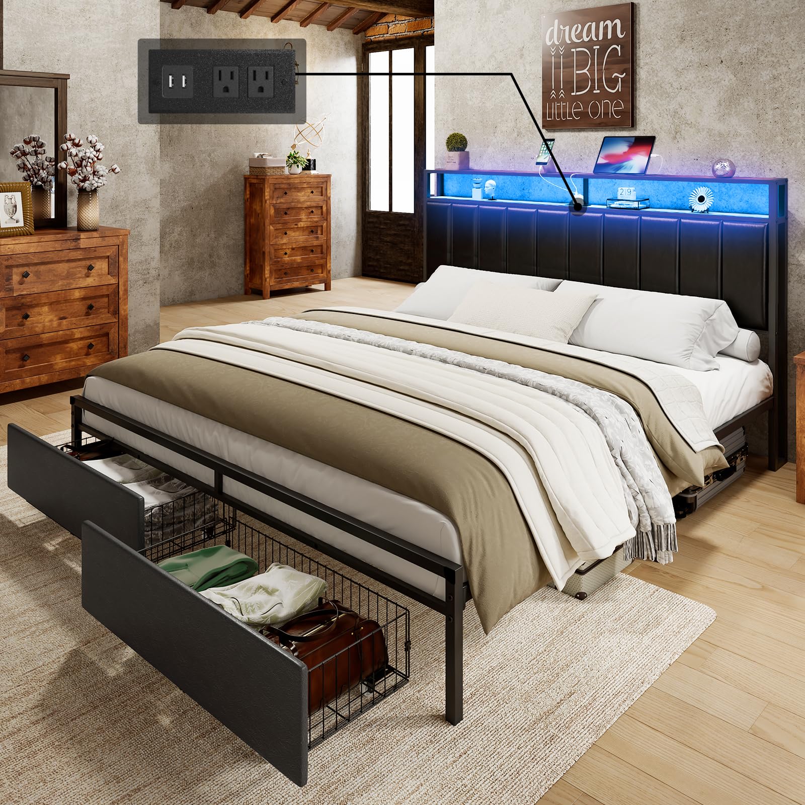 LUXOAK King Bed Frame with RGB LED Lights, 2 Drawers, and Charging Station in Black - WoodArtSupply