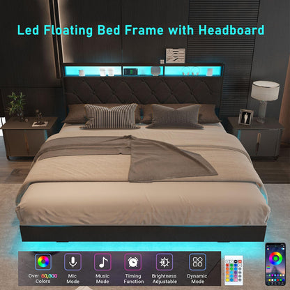 SAVOLIFE Grey Queen Size Floating Bed Frame with LED Headboard and Charging Station - WoodArtSupply