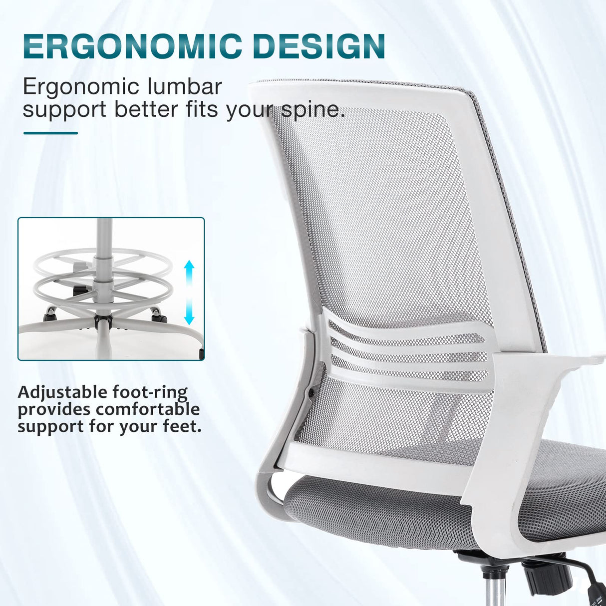 AFO Tall Office Drafting Chair with Ergonomic Lumbar Support, Armrests and Adjustable Foot Ring Breathable Mesh, Comfortable Padded Seat Cushion, for Standing Desk, Grey 18.5D x 18.9W x 45.47H Inch AFO