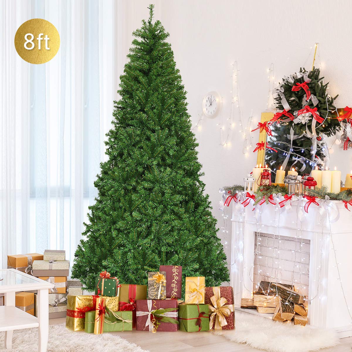 Goplus 8FT Pre-Lit Artificial Christmas Tree Auto-Spread/Close up Branches 11 Flash Modes with Multicolored 750 LED Lights & Metal Stand