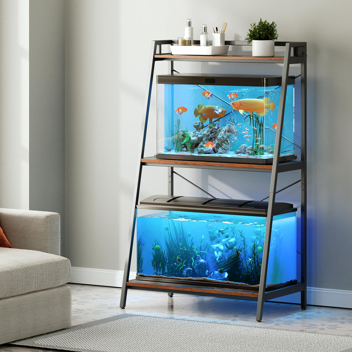 Herture 20-29 Gallon Fish Tank Stand with Shelf, Metal Frame Aquarium Stand with Storage and Power Outlet, for 2 x 20 Gallon Long Aquarium,30.7" L*18.26" W Reptile Tank Rustic Brown PG09YGN Herture
