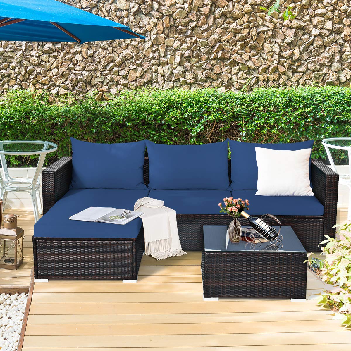 COSTWAY 5PCS Patio Rattan Furniture Set Sectional Conversation Sofa w/Coffee Table Navy COSTWAY