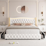 HIFIT Full Smart LED Platform Bed Frame with 4 Storage Drawers, Crystal Button-Tufted & Stainless Gold Trim Wingback Headboard, Modern PU Upholstered White /No Box Spring Needed/Easy Assembly HIFIT