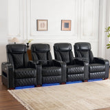 Luxury Home Theater Seating – Power Recliner with Adjustable Headrests, Blue LED Ambient Lighting, Tray Table, USB & Type-C Charging (4 Seat) CALIVIA