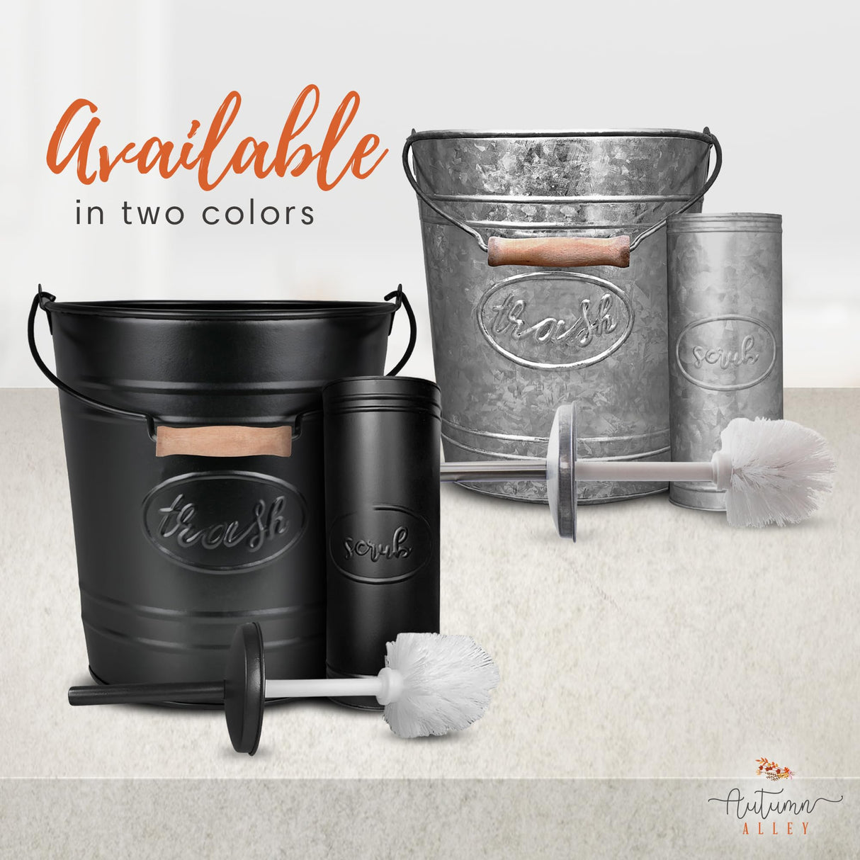 Autumn Alley Farmhouse Bathroom Trash Can and Toilet Brush Set - Rustic Bathroom Accessories for Charming Bathroom Décor, Galvanized, Grey Autumn Alley