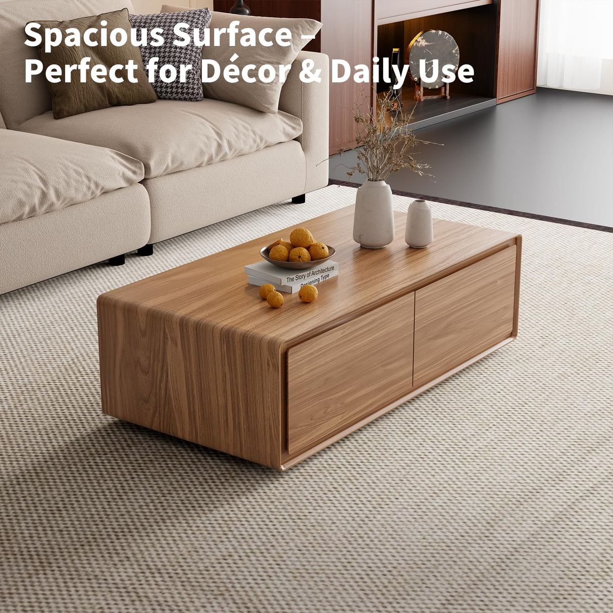 Luxury Walnut Wood Square Coffee Table with Large Hidden Storage, Expandable Tabletop Center Table for Living Room, Modern Accent Table with Drawers (Walnut Coffee Table) WuerQi
