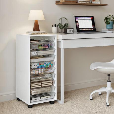 WOPITUES Plastic Storage Drawer Cart, Makeup Organizer and Storage with 10 Large Clear Drawers, Utility Wooden Rolling Cart on Wheels, for Cosmetic, Art Craft, Parts, Office Supplies, Toy, White WOPITUES