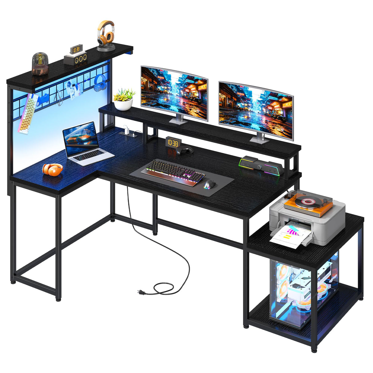 EnHomee L Shaped Gaming Desk with LED 55" Gaming Desk with Power Outlets Reversible L Shaped Desk with Long Monitor Stand & Storage Shelf,Cool Black Desk for Gaming Room,Home Office,Dorm,Black EnHomee