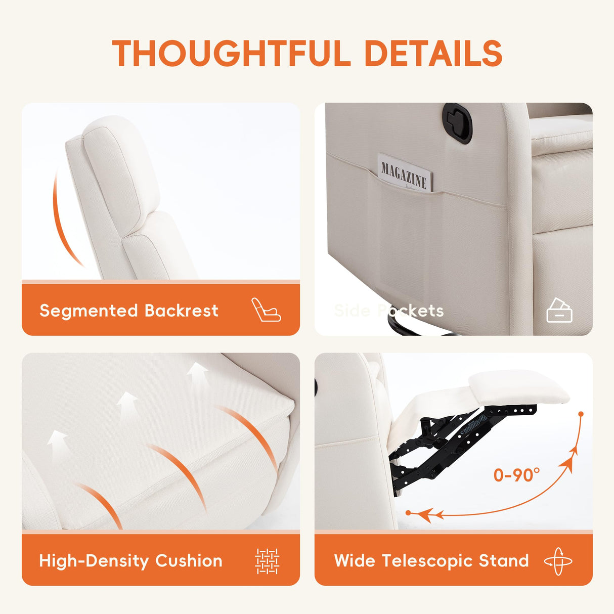 Ketaiyou Swivel Rocking Recliner Chair for Adults, Rocker Nursery Glider Chair for Living Room Bedroom, Upholstered Fabric Reclining Single Sofa Chair(Beige) Ketaiyou