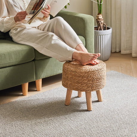 YMYNY Foot Stool Natural Seagrass Hand Weave, 12.6" Small Ottoman, Round Footrest for Living Room, Bedroom, Entryway, Change Shoes Stool, Non-Skid Wood Legs, Boho, Natural, UHBD027N YMYNY
