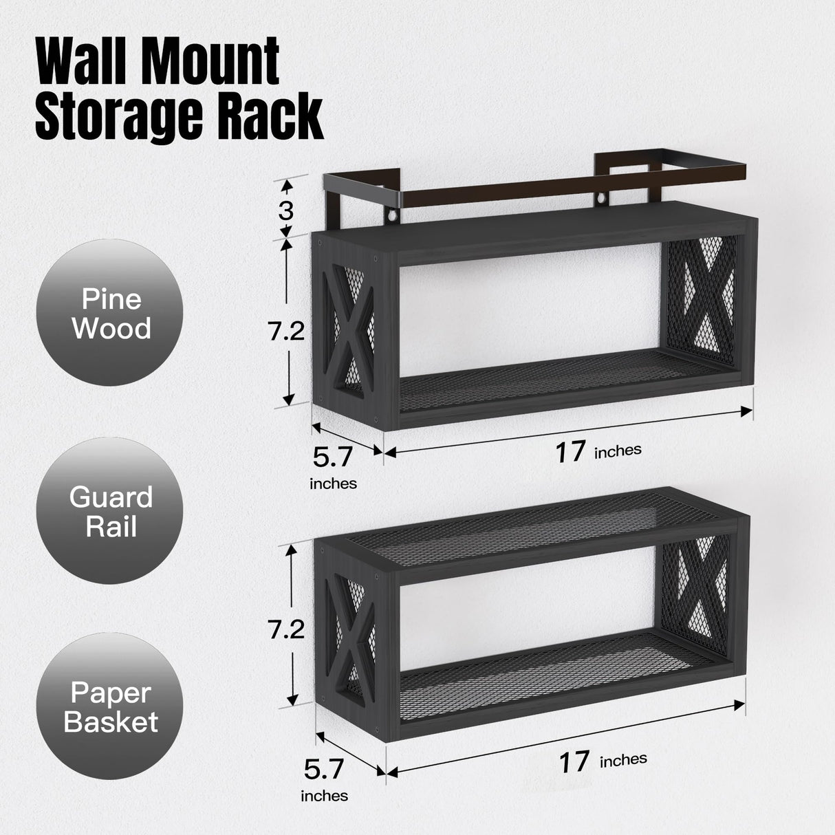 RICHER HOUSE Floating Shelves with Guardrail, Rustic Wood Shelves for Wall Décor, Farmhouse Bathroom Accessories Wall Mounted, Bathroom Wall Organizer over Toilet Storage, Kitchen, Living Room - Black RICHER HOUSE