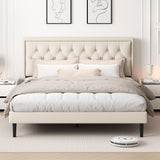 CXVX King Size Platform Bed Frame with Upholstered Velvet Button Tufted Headboard, Mattress Foundation with Wooden Slat Support, No Box Spring Needed, Easy Assembly, Noise Free, Beige CXVX